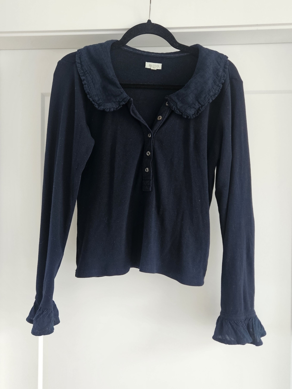 Anthropologie Pilcro Peter Pan Collar Long Sleeve Ruffle Henley Top Size Medium